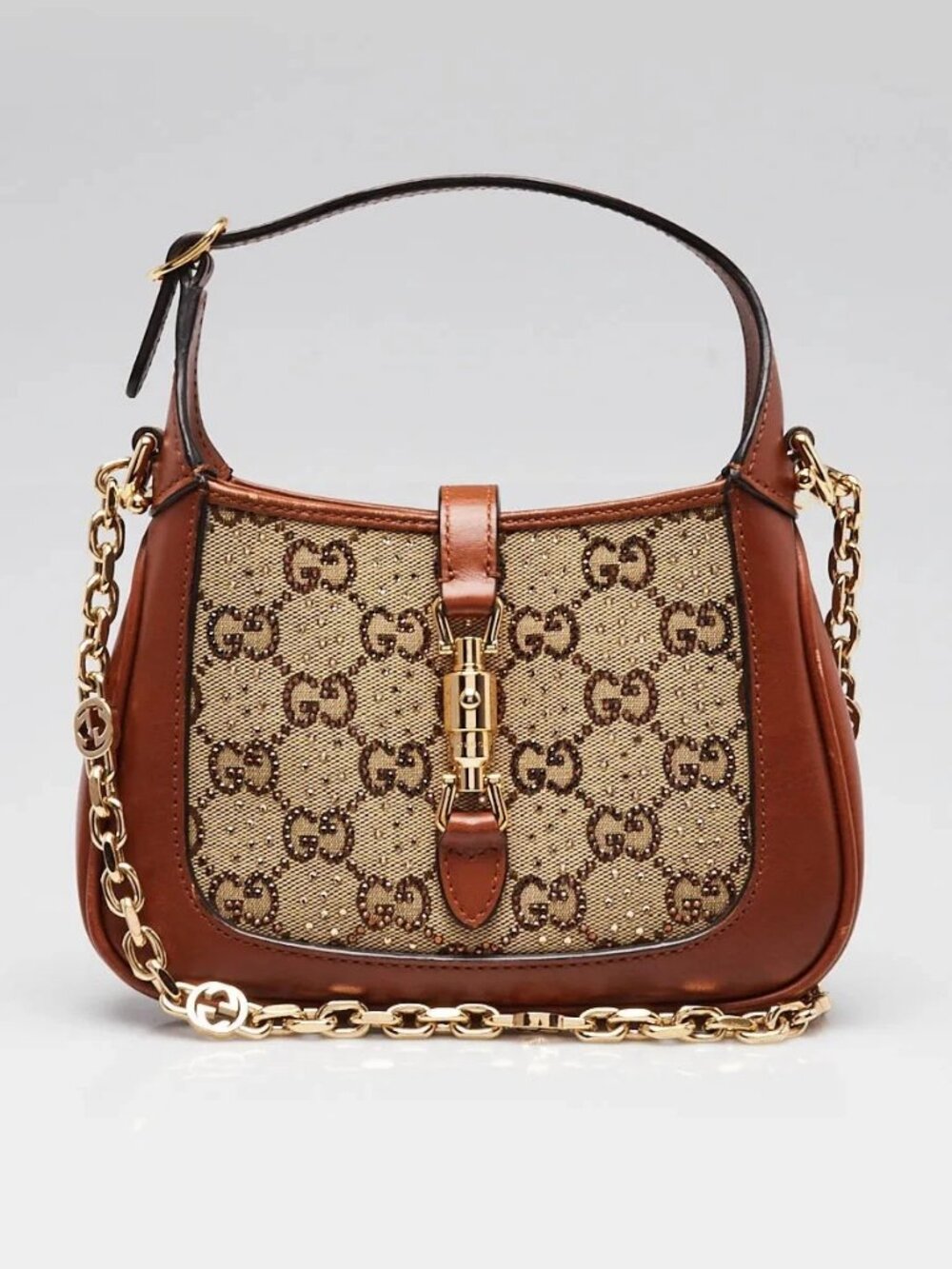 Gucci Brown/Beige Leather and Crystal GG 1961 Mini Jackie Bag